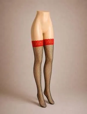 Thigh-High Fishnet Stockings with Red Lace