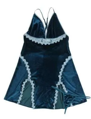 Blue velvet Pajamas Set with Side Slit  - Safe Desires Model-Free Lingerie