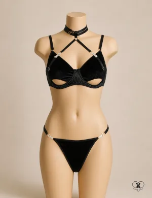 Velvet Hollow Cut Collar Halter Bra Set