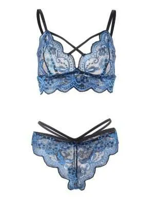 Blue Cross Strap Bra Set - Safe Desires - Model-Free Lingerie