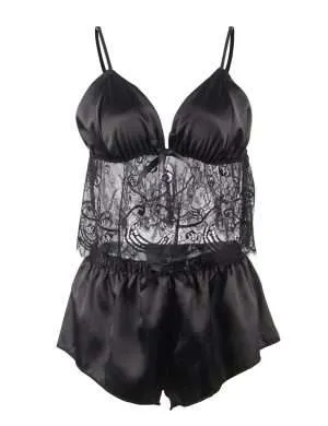Black Eyelash Lace Silk Camisole Pajama Set - Safe Desires - Model-Free Lingerie