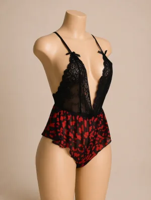 Lace Floral Print Plunge Teddy