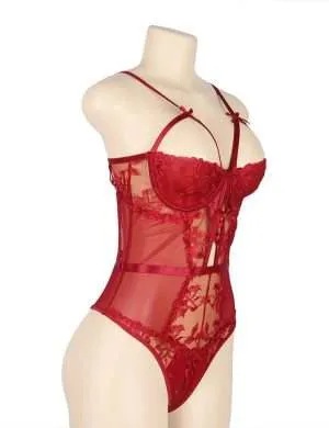 Red lace bodysuit with intricate detailing