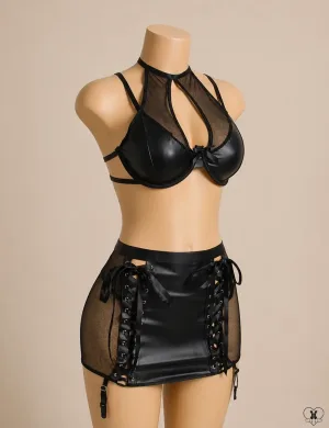 Faux Leather Push-Up Bra & Lace-Up Mini Skirt Set