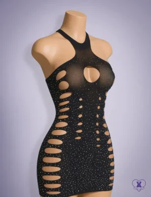 Rhinestone cutout fishnet mini dress - angled view