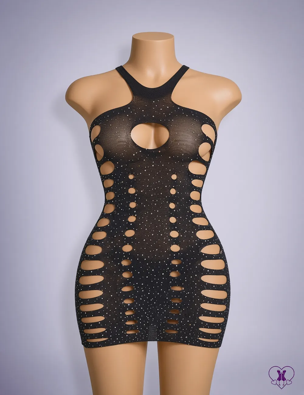 YSECFSKTZ0182 (2) Rhinestone cutout fishnet mini dress - front view