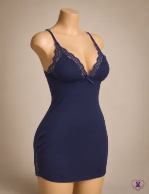 Cloud-Soft Modal Lace Chemise in Blue, modal nightgown with lace trim and bow, angled view