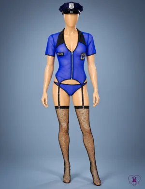 Sexy police costume blue mesh bodysuit - front view with POLICE patch and badge