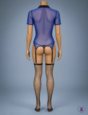 Sexy police costume blue mesh bodysuit - back view with thong back and garter straps