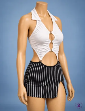 Sexy secretary costume with white halter top and black pinstripe skirt – angled view