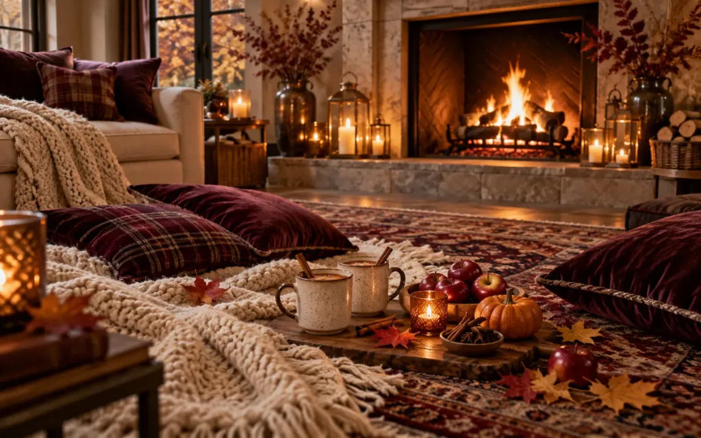 Cozy fall date night by the fireplace with knit blankets, velvet pillows, hot cider and apples