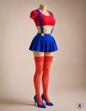 Two Player costume set styled with red thigh-high stockings and blue heels