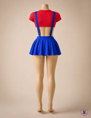 Two Player red and blue costume set - back view showing suspender straps