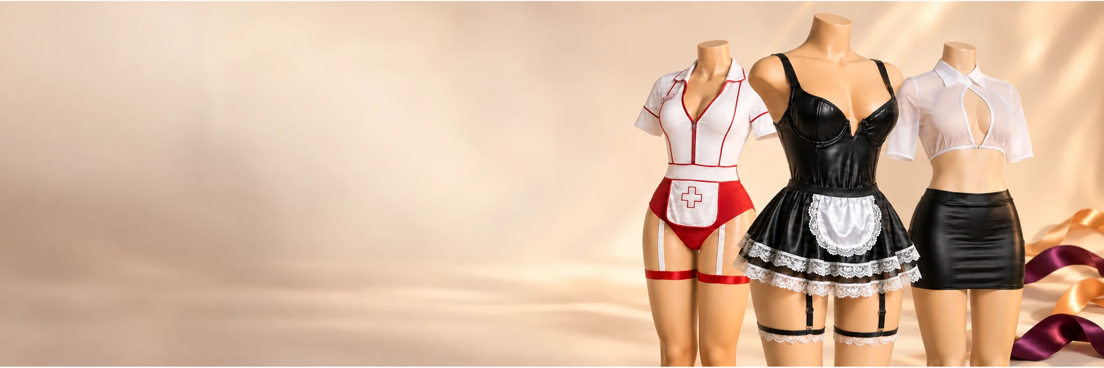 Three Halloween costumes on mannequins against a warm champagne backdrop: a white zip-front nurse bodysuit with red piping, red briefs, a white apron with a red cross and red garter straps; a black faux-leather maid dress with a white satin apron, tiered white lace hem and garter thigh bands; and a sheer white cropped shirt with a keyhole front over a black faux-leather pencil skirt.